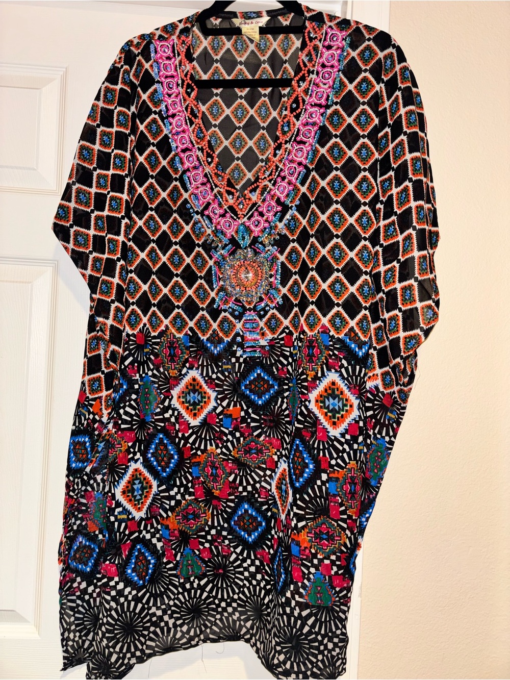 Bohemian V-Neck Tunic Top in Black and Multi Lucky & Coco L swim cover